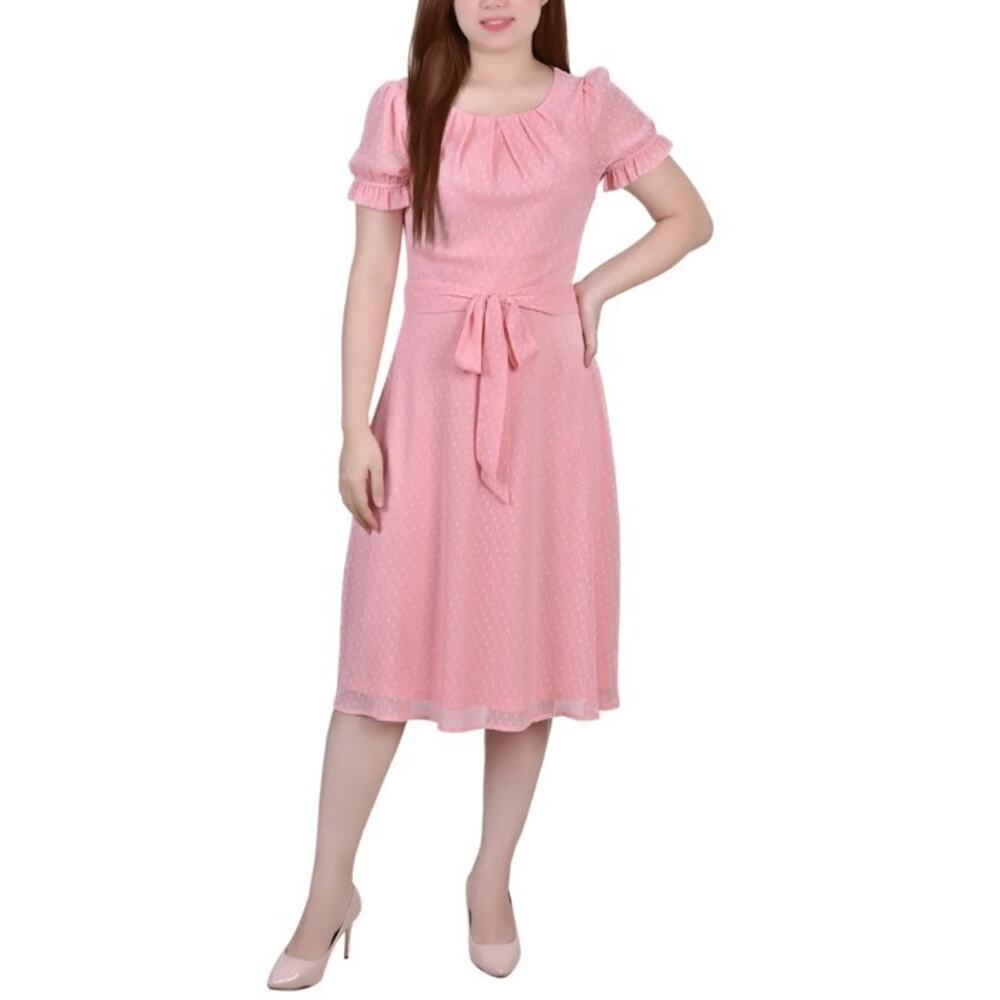 NY Collection Women's Short Sleeve Belted Swiss Dot Dress Size L